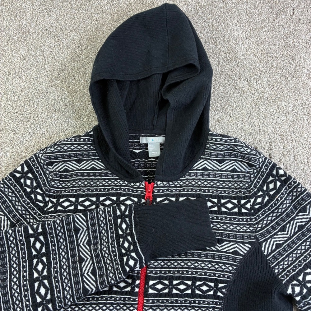 SKYR Womens L Black White Geometric Print Cardigan Zip Up Hoodie Aztec Nordic
